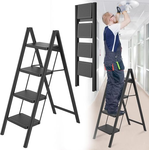 HENGMEI Scala pieghevole in alluminio, a 4 livelli, antiscivolo, con pedale antiscivolo, portata 150 kg