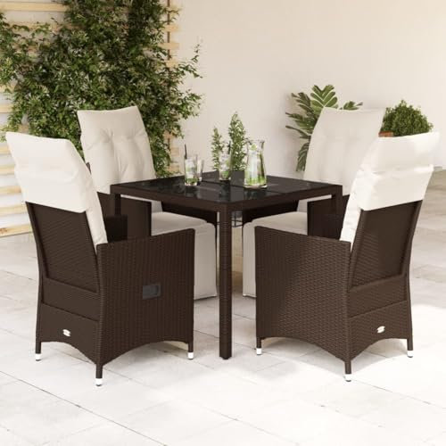 Homgoday Bistro-Set für den Garten, 5-teilig, mit Kissen aus braunem Polyrattan, Gartenmöbel, Tisch und Stühle für den Außenbereich, Set Typ3276916