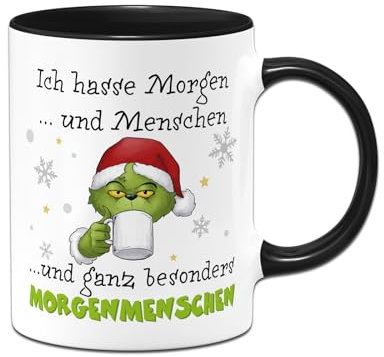 Tassenbrennerei Grinch Tasse - Ich hasse Morgen und Menschen - Weihnachtstasse lustig, Kaffeetasse für Weihnachten mit Spruch für Anti Weihnachtsmuffel, Geschenk (Schwarz)