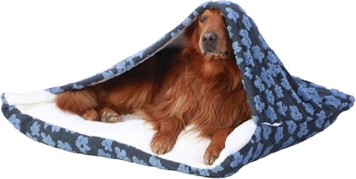 Beruhigend Hundeschlafsack, Hundebett Orthopädisch mit Dach, Flauschig Katzenkörbchen Waschbar mit Kapuze, Abnehmbar und Waschbar Katzenschlafsack Hundekorb für Kleine Mittelgroße Hunde(Blue,75x60x23c