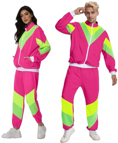 Seawhisper 80er Jahre Outfit Herren Damen 90er Kostüm Kleidung Jogginganzug Trainingsanzug Damen Rosenrot L