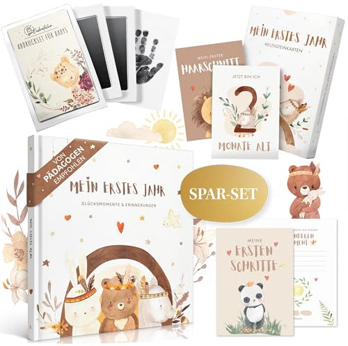 EULENTALER® Mein erstes Jahr Spar-Bundle I Boho I Von Pädagogen gestaltet I 1x Babytagebuch, 1x Meilensteinkarten-Set, 1x Abdruckset Baby I Mein Babyalbum, Geschenkidee zur Geburt