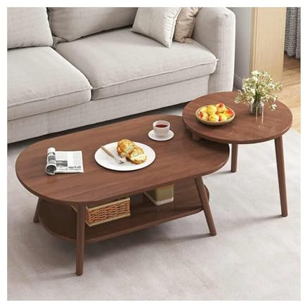 Ensemble de tables basses modernes en noyer, tables d'appoint empilables à 2 niveaux pour le salon, rustique et petite avec structure stable, facile à installer