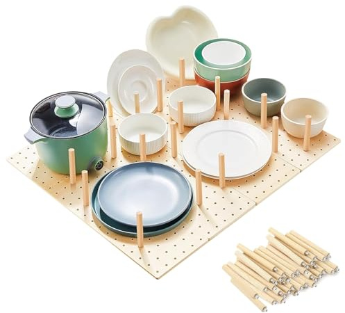 Stecktafel Schublade Organiser, 4 Stück Holz Peg Board System mit 32 Holzstab, Einstellbare Holz Teller Organizer Tablett, Schublade Organizer für Geschirr, Küche Stecktafel für Lebensmittelbehälter
