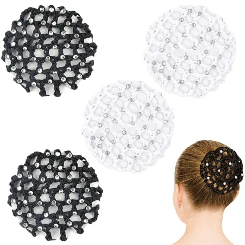 AFCJLTO 4 pezzi Chignon Retina per Capelli Chignon Bambina con Perline Retine per Capelli,Reti per Capelli Danza,Reti per Capelli Stretch Per Infermiera Assistente di Volo Balletto(nero, bianco)