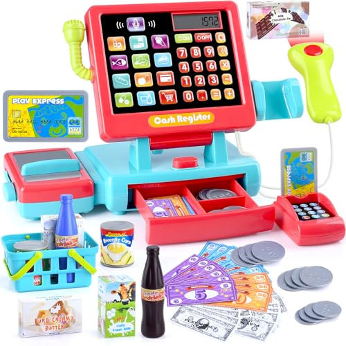 PLAY Kasse Kinder mit Scanner und Sound, Kasse Spielzeug, Spielzeugkasse, elektronische Supermarktkasse – mit Kaufladen Zubehör Geld, Essen ab 3 Jahren