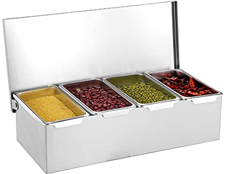 ZENGRICE Contenedores de acero inoxidable para ingredientes, contenedor de comida de rejilla, caja de frutas con tapa, 4 recipientes independientes de acero inoxidable, recipiente para guarnición