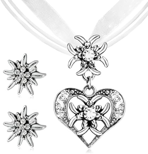 CHONGQILAO Oktoberfest Trachtenschmuck Damen Set, Bayerisch Dirndlschmuck Trachtenkette mit Strass Edelweiß Herz Anhänger und Edelweiß Ohrstecker für Damen Bierfest Trachten Dirndl Outfit Accessoires