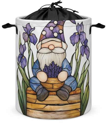 Buntglas-Wäschekorb, niedlicher Gartenzwerg, Wäschekorb, Wäschekorb, rund, faltbar, Kordelzug, Wäschekorb für Schlafzimmer, Badezimmer