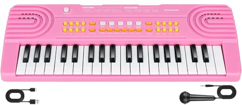 37 Tasten Kinder Keyboard mit Mikrofon Elektronisches Tragbares Klavier Musikspielzeug ab 3 4 5 6 7 Jahre Geschenk für Jungen Mädchen Anfänger (Rosa)