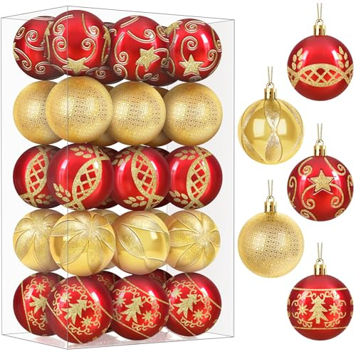 Palline di Natale Rosso e Oro 6 cm 30 pezzi Decorazioni Natalizie, Palle di Natale Grandi Addobbi Natalizi per la Casa con Cordino, Set Palline Rosse per Albero di Natale per Decorazione Natalizia