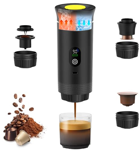 Umisu Cafetera portátil 3 en 1, cafetera de espresso con pantalla digital, máquina de espresso con cápsulas y café molido, calentamiento rápido para oficina, viajes, camping, casa (negro)