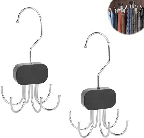 2 Porte-Ceintures avec 6 Crochets, Range Ceinture Rotatif 360° Cintre Gain de Place en Métal et Bois pour Ceintures, Cravates, Soutiens-Gorge, Écharpes (Noir)