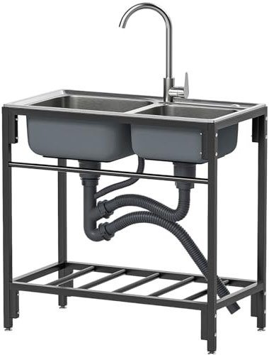 Freistehende Edelstahl Spültisch 2 Becken mit Wasserhahn, Spültisch Outdoor mit Lagerregal und Entwässerungsset für Außen, Innen, Küche, Restaurant, 83 * 44 * 85 CM