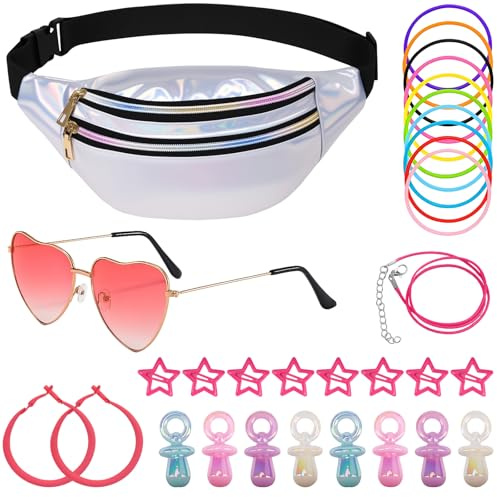 90-tals outfit dam, 31 stycken 90-talet 80-tals tillbehörsset med magväska, hjärtglasögon rosa, neonarmband, örhängen, hårspännen, 90-talsfest damutklädnad för gallerifest, karneval, silver, En