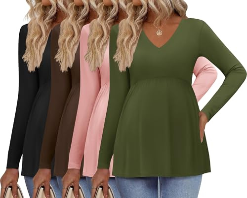 Ekouaer Womens 4 Packs Maternity Shirts Long Sleeve Pregnancy Tops V Neck Tunic Blouses Clothes Black/Brown/Army Green/Pink Large