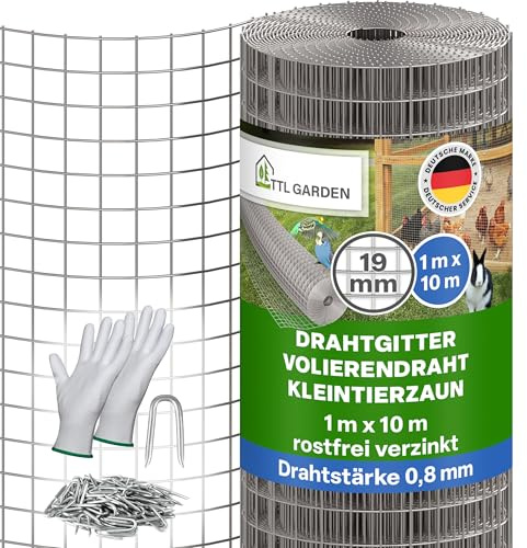 TTL GARDEN 1 x 10 m de malla de alambre galvanizado de 19 mm de malla de 0,80 mm de grosor – en rollo de malla de alambre para aviarios de 10 m x 1 m de ancho 19 mm de ancho