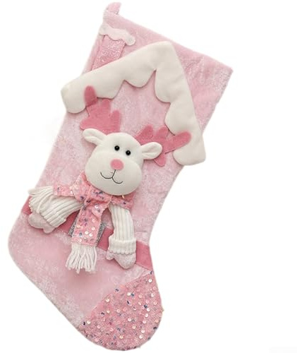Weihnachtsstrumpf, Rosa, Glitzer, glitzernd, für Kinder, Urlaubsdekoration, Geschenktasche, bezaubernde Cartoon-Figur, weiches Stoffmaterial, 44 cm, große Öffnung für Zuhause, Schule, Restaurant