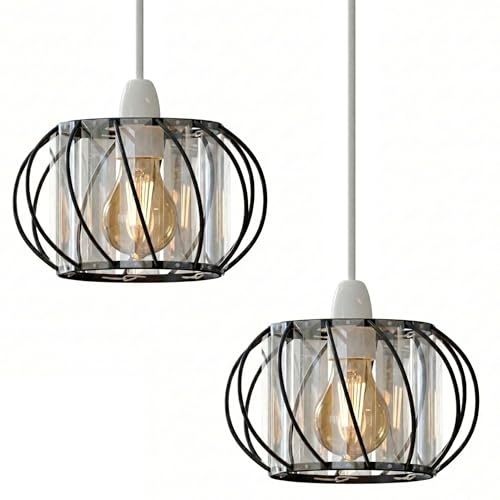 2Pcs Modern Crystal Glass Black Light Shade Height 10 cm, Width 18cm Easy Fit Metal Hanging Ceiling Pendant Light Fixtures Chandelier Light Fitting Lamp Cage for Hallway Dining Room (Black)