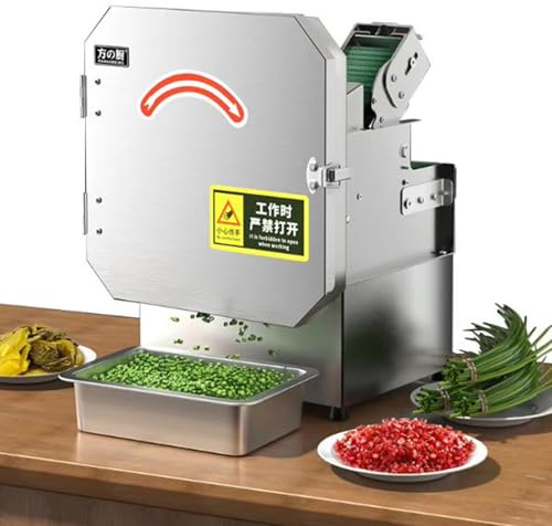 ZYLDDS Hachoir à légumes Professionnel, Coupe-légumes électrique 200 W, Machine à Couper Les poireaux électrique 700 BPM, Longueur et épaisseur de Coupe réglables, avec Tapis Roulant