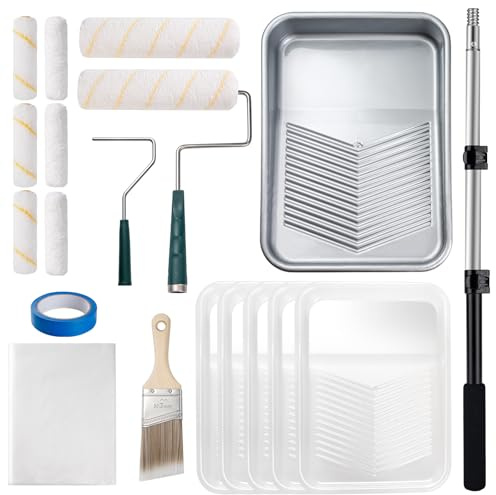 YiBaiBrush Painting Kit with Extension Pole, 9 Inch and 4 Inch Paint Roller Set for Walls, Ceilings, Doors and Trim, Complete Home Renovation Supplies