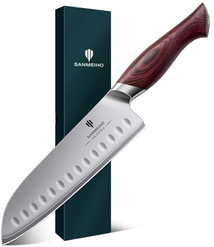 SANMEIHO Cuchillo de Cocina Santoku de 18 cm, Fabricado en Acero Japonés de Alto Carbono 10Cr15MoV, Cuchillo de Cocinero con Hoja Ultra Afilada de 12° y Mango Ergonómico de Madera de Pakka