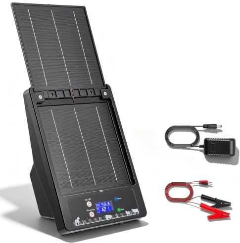 Solar Weidezaungerät mit Klappbarem Dual-Solarpanel, 16 KM Reichweite, 0,3-2J, 6KV-12KV Einstellbar, 18000mAh Lithiumakku, IP55, Elektrozaungerät für Geflügel, Vieh