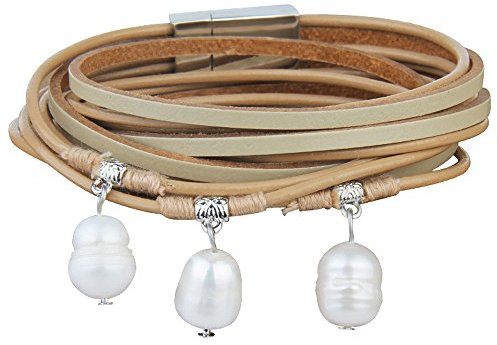 Cheerlife Damen Perlenarmband Echt Leder Perlen Wickelarmband Magnetverschluss Armband (Beige)