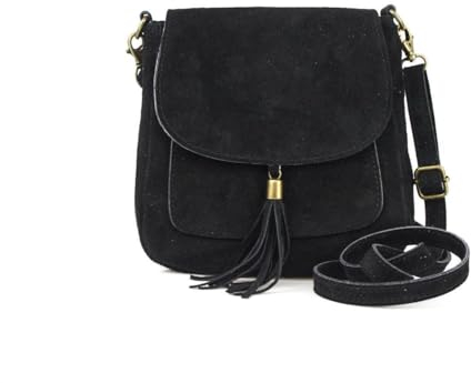 Made in Italy Damen Leder Tasche Messenger Bag Henkeltasche Wildleder Handtasche Umhängetasche Ledertasche Schultertasche Beuteltasche Fransen Cross-Over Schwarz