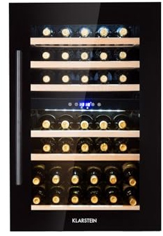 Klarstein Weinkühlschrank 2 Zonen, 132L Getränkekühlschrank, Kleiner Einbau-Weinschrank Schmal, Wein-Kühlschrank mit Glastür, Outdoor Flaschenkühlschrank, Wine Fridge 5-22°C, 35 Flaschen