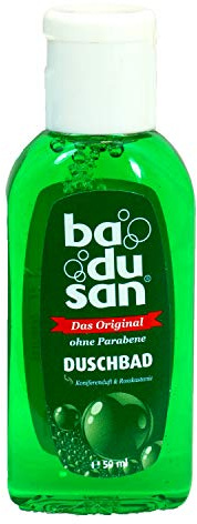 Badusan Duftschaumbad Mini 50 ml — revitalisierendes Schaumbad mit Koniferenduft & Rosskastanie — pH-hautneutral, parabenfrei — Kosmetik-Klassiker — inkl. Kochbuch