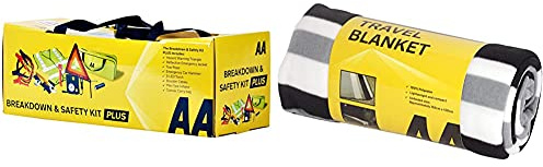 AA Vehicle Breakdown Safety Kit Plus AA5618 – Tyre Inflator, Warning Triangle, Tow Rope, Hi-Vis Vest, Torch, Glass Hammer, Booster Cables, Storage Bag & Travel Fleece Blanket