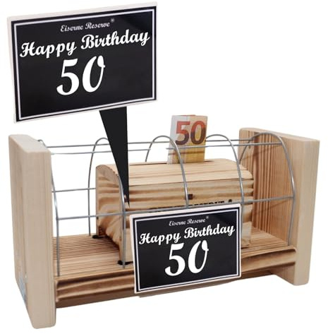 Originelle lustige Geldgeschenke zum 50. Geburtstag Geschenkideen für Männer und Frauen - Eiserne Reserve Gitterbox - Text s/w Happy Birthday 50