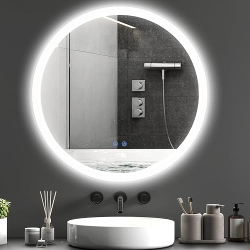 kleankin LED-badrumsspegel med 3 färger, justerbar ljusstyrka och anti-dimdesign, i metall och glas, Ø70 x 3 cm, silvervit
