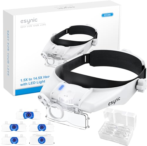 eSynic Kopfbandlupe Kopf Lupenbrille mit Licht Lupenbrille Headset mit LED-Licht Wiederaufladbarer Upgrade-Kopf Lupe 5 Linsen für Basteln Lesen Naharbeit