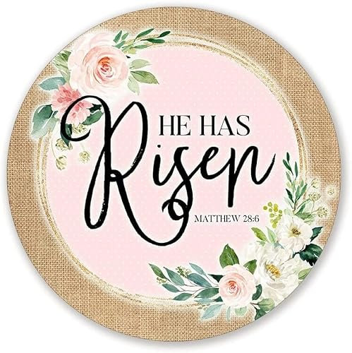 Retro Metall-Blechschild 30,5 x 30,5 cm He Has Risen Sackleinen und rosa Osterkranz Schild Frühlingskranz Befestigung Rundes Blechschild Heimdekoration Nostalgisches Blechschild