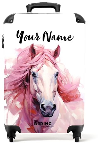 NoBoringSuitcases.com Kinderkoffer, Kinderkoffer Mädchen, Koffer Kinder, Kinder Reisekoffer, Kindertrolley Mädchen, Handgepäck Koffer, Reisekoffer Personalisiert, 55x40x20 cm (Pferd von vorne - Rosa)