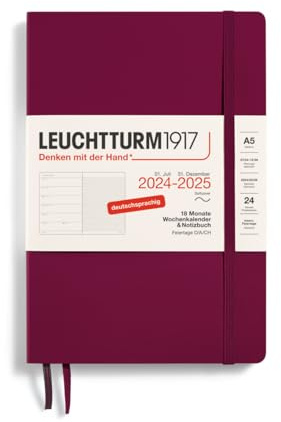LEUCHTTURM1917 370621 Veckokalender och anteckningsbok 2025, medium A5 softcover – 18-månaders planerare, 80 g, linjerad – port röd