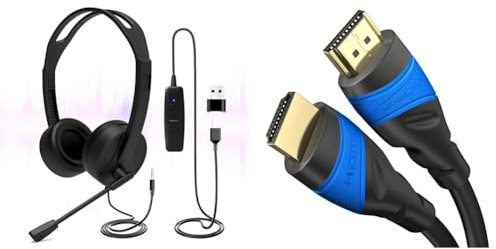 Venker EL USB Headset with Microphone, 3.5mm/USB Jack 2-In-1 Computer Headset & HDMI Cable 4K – 5m – with A.I.S Shielding – Designed in Germany