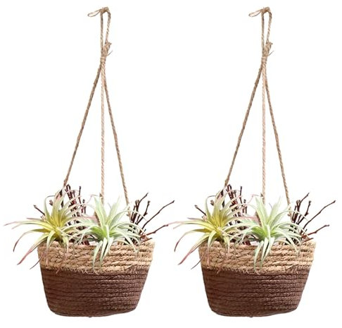 UIYIHIF 2er-Pack Jute-Seil-Hängekorb, Blumenpflanzen-Wandkorb-Dekor-Set, Jute-gewebter Korb, Grüner Luo-Pflanzkorb für Heimdekorationen, Zaun-Pflanzgefäße, Pflanzen-Blumentöpfe (Coffee)