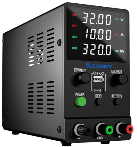 Labornetzteil, Jesverty Labornetzteil DC Regelbar Netzgerät(32 V, 10 A) mit USB und Type-C 20W Schnellladung, Encoder-Knopf, Ausgangs-EIN/Aus-Schalter, 4-stelliges LED-Display – SPS-3010M