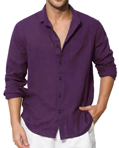 Enlision Chemise en Lin Homme Manches Longues Été Coton Chemises Henley Shirt de Couleur Unie Leger Respirant Casual de Plage S-4XL