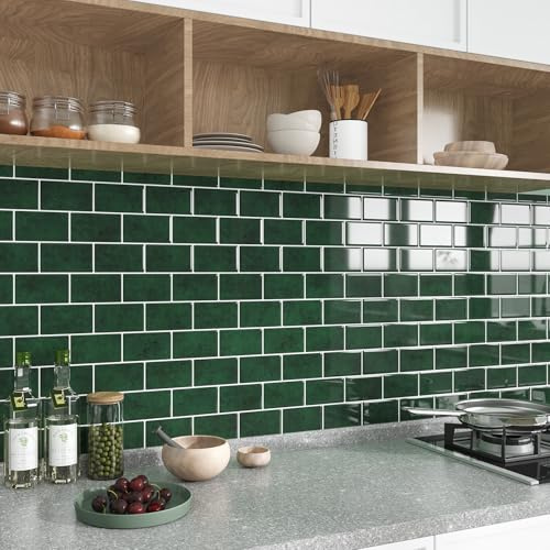 VEELIKE Carreaux Adhesif Cuisine Vert Forêt 3D Stickers Carrelage Adhesif Mural Salle de Bain Vert Foncé Rectangulaires Crédence Adhésive Cuisine Imperméables Amovible 30.5cm×30.5cm 6 Pièces