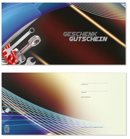 GESCHENKGUTSCHEINcom by POS-HAUER. 100 Gutscheine, blanko zum selbst Ausfüllen. Für Autowerkstatt KFZ-Reparaturen, Werkstattgutschein.