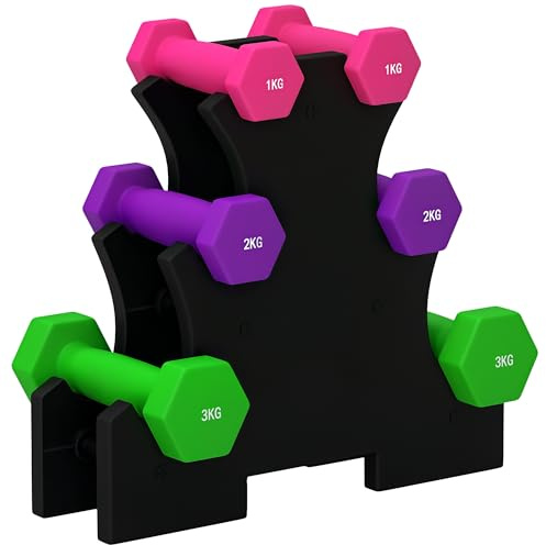 SPORTNOW Hex Dumbbells Set with Dumbbell Rack, Hand Weights for Home Gym Strength Training, 2 x 1kg, 2 x 2kg, 2 x 3kg