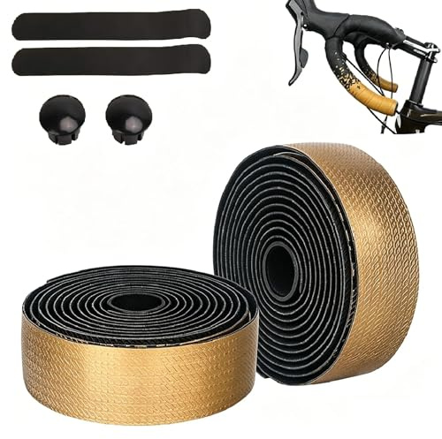 Tissting 2 Stück Fahrrad Lenkerband 220 x 3 cm 3mm Dicke PU Leder EVA Selbstklebende Lenker Band mit Abklebeband und Lenkerstopfen, Rutschfest Griffband für Mountainbike Rennrad (Golden)