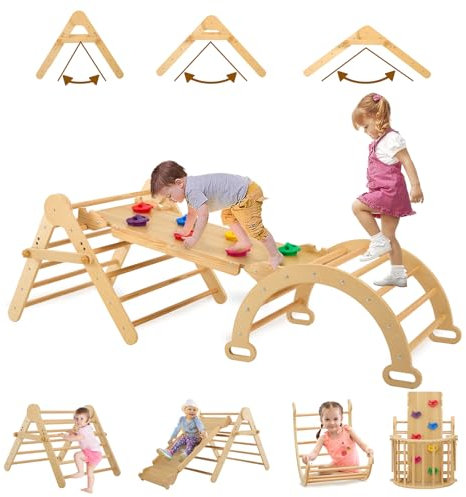 FUNLIO 【2025】 Verstellbares klettergerüst Indoor, Montessori kletterdreieck mit rutsche für Kleinkinder von 2-5 Jahren, Faltbares 5-in-1 Indoor Klettergerüst mit Bogen/Rutsche/Kletterfelsen/Dreieck