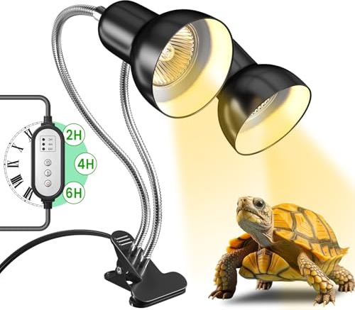 GlowUp Tortoise Heat Lamp,Dual-Head Reptile Heat Lamp with Cycle Timer,360° Rotatable Reptile Lamp for Reptile Holder with Clamp for Lizard,Chick,Bearded Dragon-No Bulb