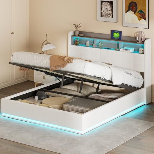 jeerbly Polsterbett 160x200cm, Doppelbett mit Stauraum und Lattenrost, Kopfteil mit LED Beleuchtung, USB Ladefunktion und Staufach, Hydraulisch Stauraumbett Rückenlehne Bettgestell