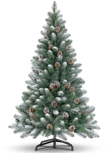 Kuro sagol 180 cm Künstlicher Weihnachtsbaum mit Schnee und Tannenzapfen – schwer entflammbarer Tannenbaum mit einfachem Aufbau – Stabiler Christbaumständer für eine realistische Festtagsdekoration
